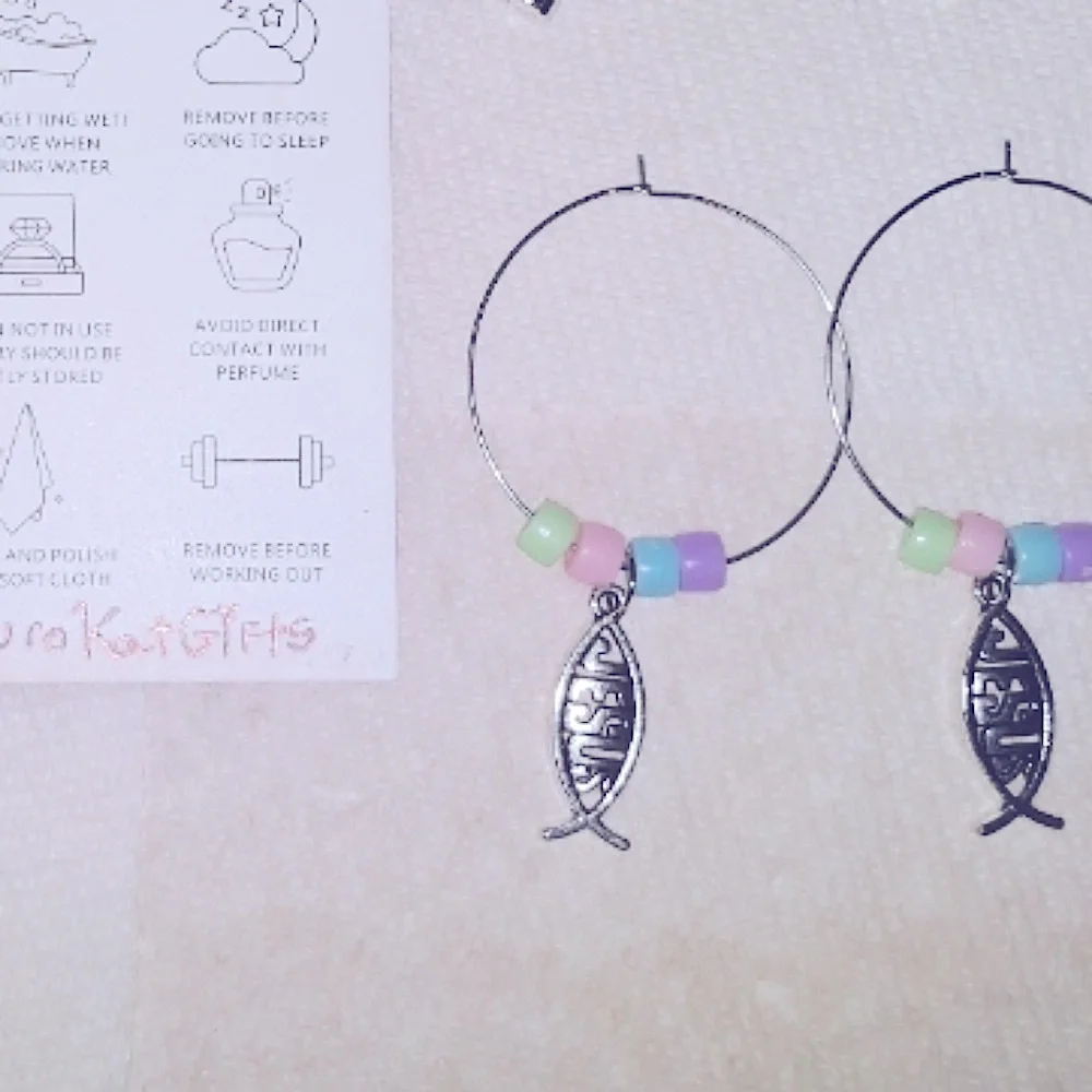Handmade Jesus Fish Charm beaded Hoop Earrings Med sized Silver Stainless NEW